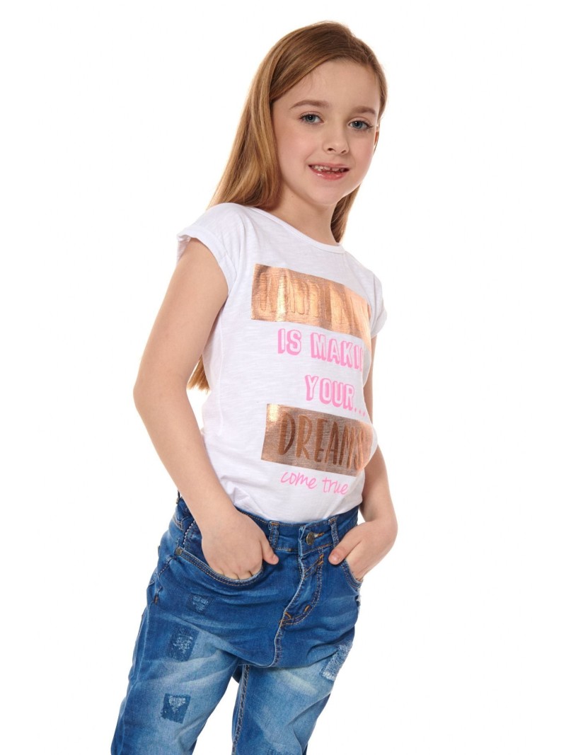 Girls\' T-shirt with inscriptions, white NDZ8194 - Online store - Boutique